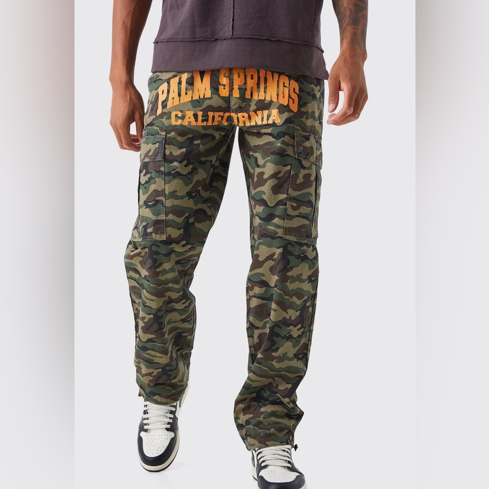 NEW PLUS RELAXED CARGO VARSITY SLOGAN PRINT CAMO PANTS SiZE 46
